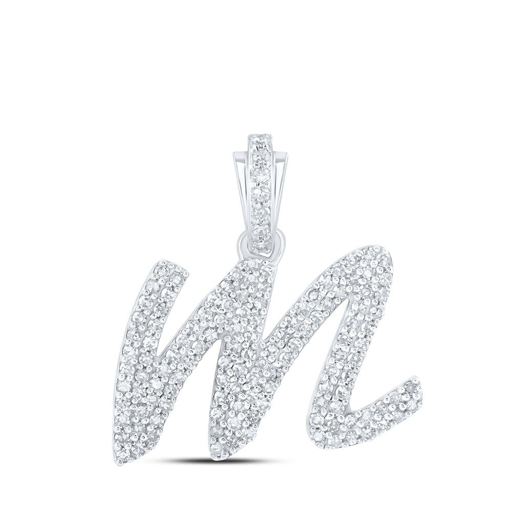 Diamond Initial & Letter Pendant | 10kt White Gold Womens Round Diamond M Cursive Initial Letter Pendant 1/2 Cttw | Splendid Jewellery GND