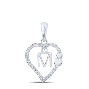Diamond Initial & Letter Pendant | 10kt White Gold Womens Round Diamond M Heart Letter Pendant 1/10 Cttw | Splendid Jewellery GND