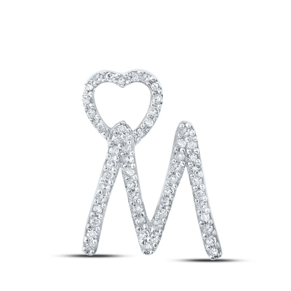 Diamond Initial & Letter Pendant | 10kt White Gold Womens Round Diamond M Heart Letter Pendant 1/6 Cttw | Splendid Jewellery GND