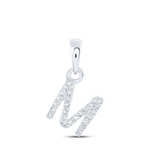 Load image into Gallery viewer, Mesmerizing M Initial Diamond Pendant in 10kt White Gold Top view from the 10Kt White Gold Womens Round Diamond M Initial Letter Pendant 1 20 Cttwpin216606 collection by Splendid Jewellery