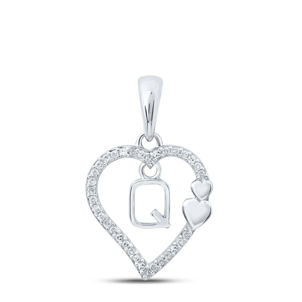 Diamond Initial & Letter Pendant | 10kt White Gold Womens Round Diamond Q Heart Letter Pendant 1/10 Cttw | Splendid Jewellery GND