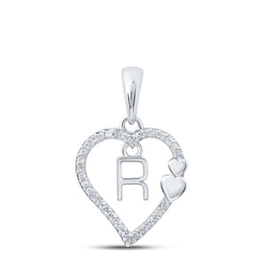 Diamond Initial & Letter Pendant | 10kt White Gold Womens Round Diamond R Heart Letter Pendant 1/10 Cttw | Splendid Jewellery GND