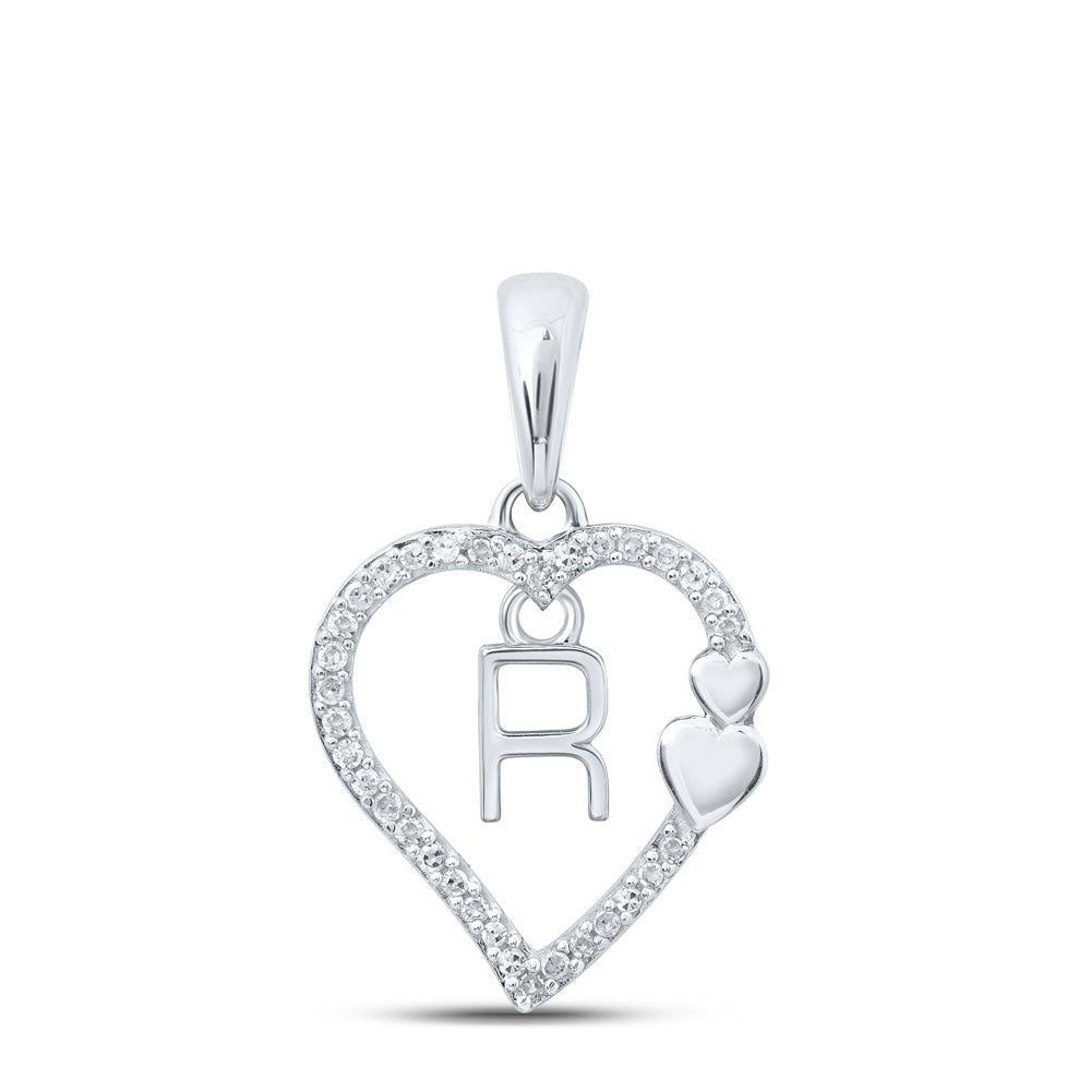 Diamond Initial & Letter Pendant | 10kt White Gold Womens Round Diamond R Heart Letter Pendant 1/10 Cttw | Splendid Jewellery GND