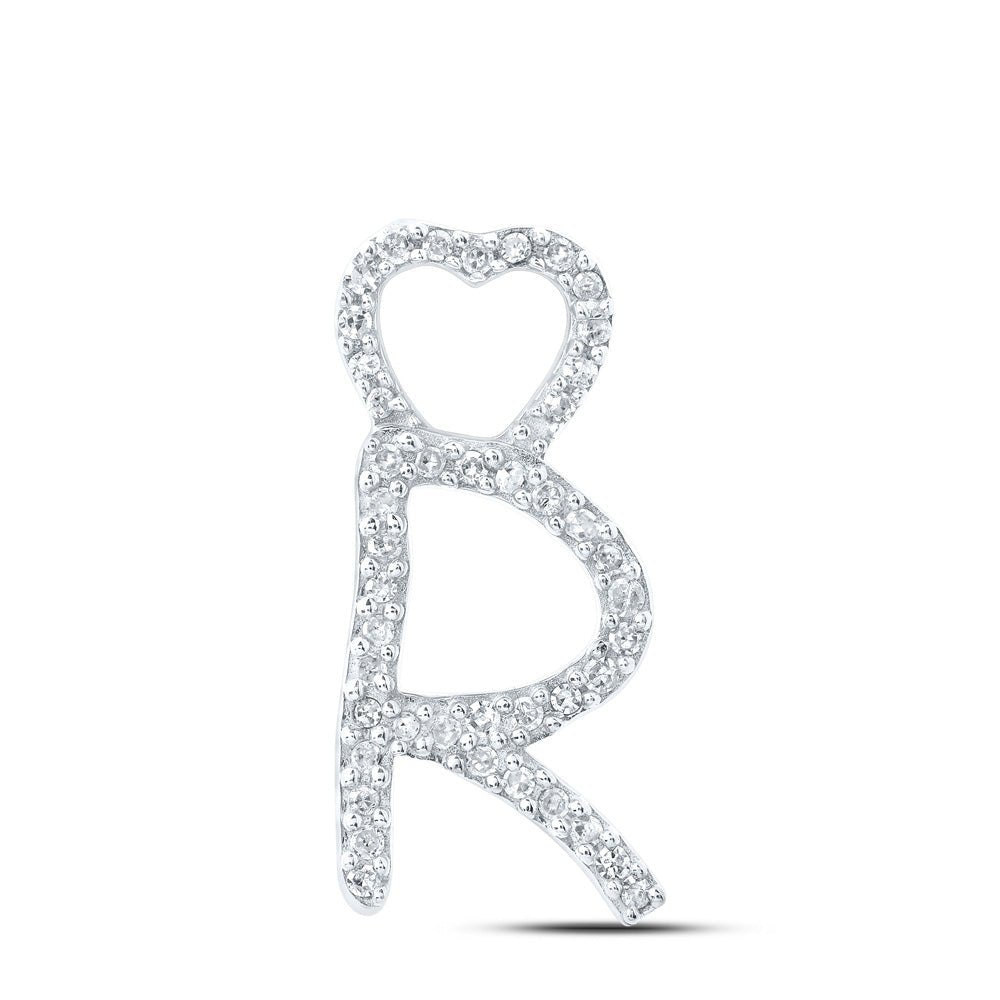 Diamond Initial & Letter Pendant | 10kt White Gold Womens Round Diamond R Heart Letter Pendant 1/8 Cttw | Splendid Jewellery GND