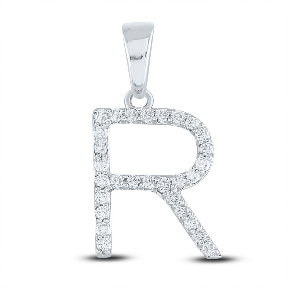 Diamond Initial & Letter Pendant | 10kt White Gold Womens Round Diamond R Initial Letter Pendant 1/5 Cttw | Splendid Jewellery GND