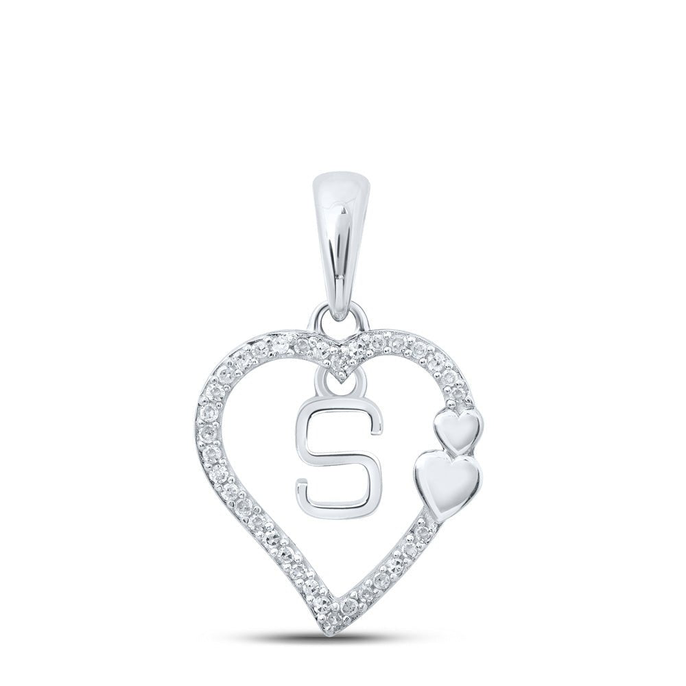 Diamond Initial & Letter Pendant | 10kt White Gold Womens Round Diamond S Heart Letter Pendant 1/10 Cttw | Splendid Jewellery GND