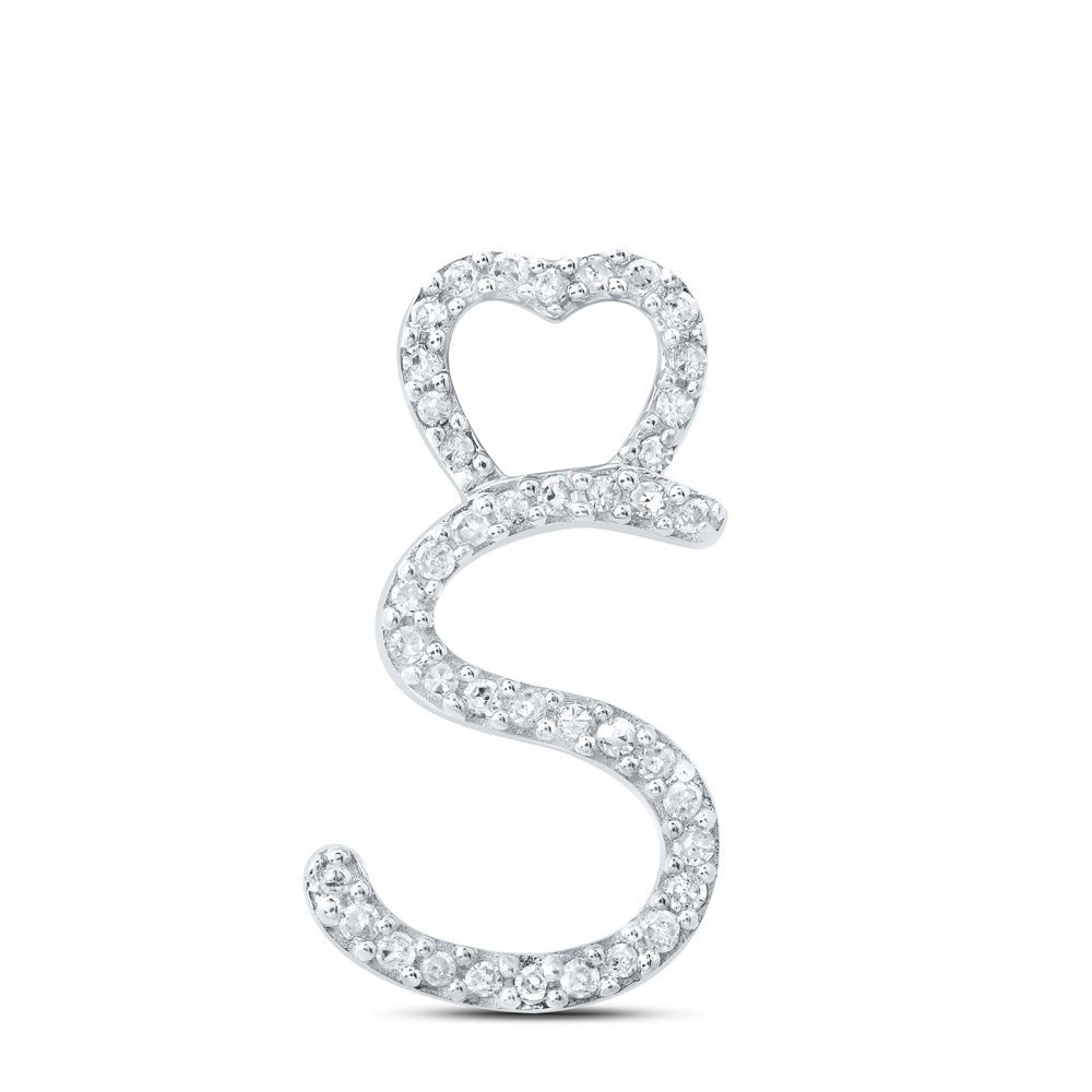 Diamond Initial & Letter Pendant | 10kt White Gold Womens Round Diamond S Heart Letter Pendant 1/8 Cttw | Splendid Jewellery GND