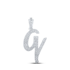 Diamond Initial & Letter Pendant | 10kt White Gold Womens Round Diamond V Cursive Initial Letter Pendant 1/2 Cttw | Splendid Jewellery GND