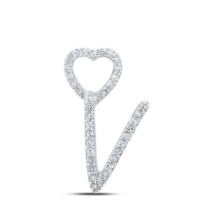 Diamond Initial & Letter Pendant | 10kt White Gold Womens Round Diamond V Heart Letter Pendant 1/10 Cttw | Splendid Jewellery GND