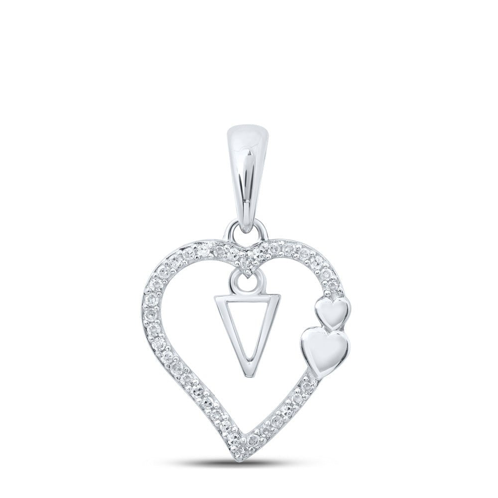 Diamond Initial & Letter Pendant | 10kt White Gold Womens Round Diamond V Heart Letter Pendant 1/10 Cttw | Splendid Jewellery GND