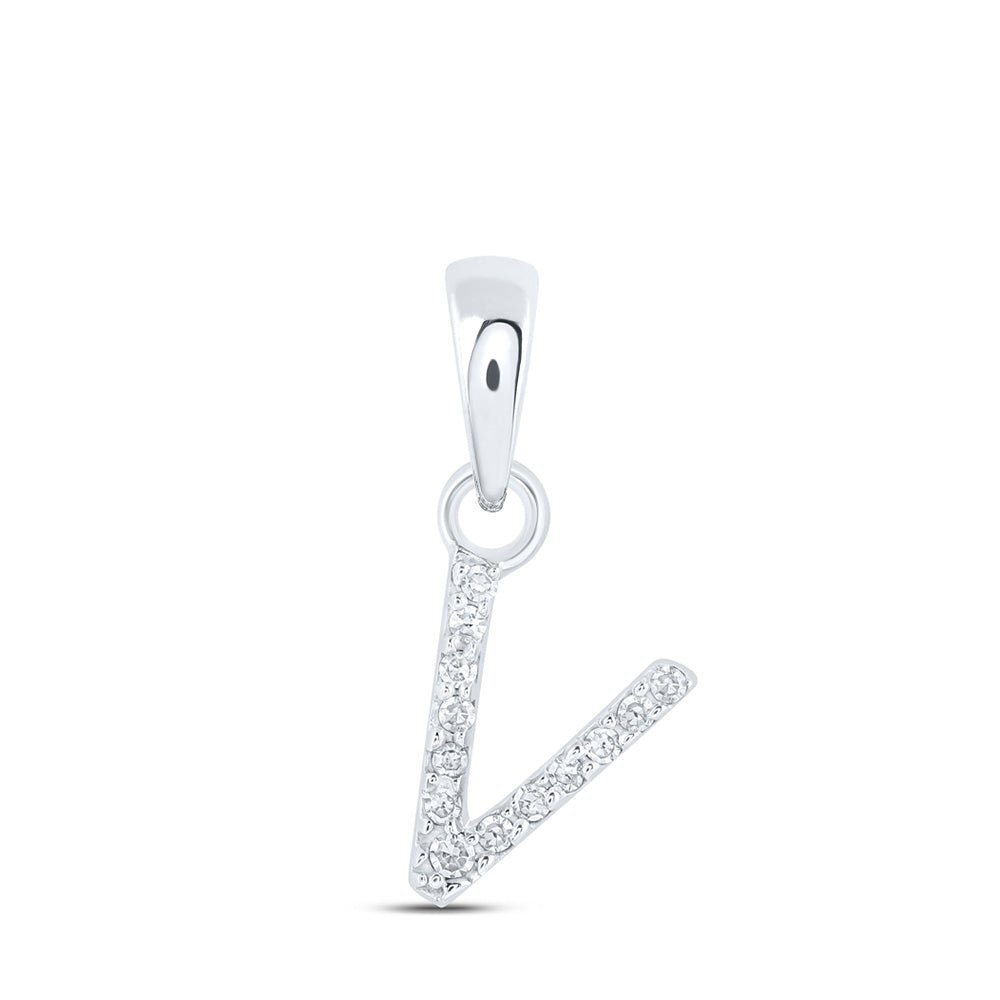 Diamond Initial & Letter Pendant | 10kt White Gold Womens Round Diamond V Initial Letter Pendant .03 Cttw | Splendid Jewellery GND