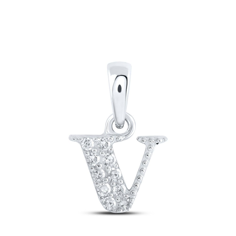 Diamond Initial & Letter Pendant | 10kt White Gold Womens Round Diamond V Initial Letter Pendant 1/20 Cttw | Splendid Jewellery GND