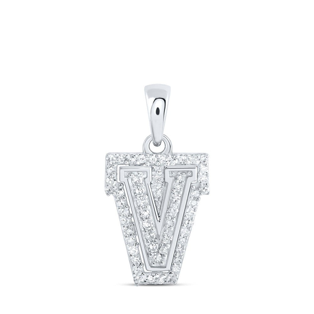 Diamond Initial & Letter Pendant | 10kt White Gold Womens Round Diamond V Initial Letter Pendant 1/6 Cttw | Splendid Jewellery GND