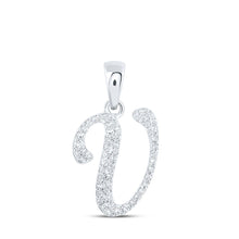 Load image into Gallery viewer, Splendid Jewellery 10kt White Gold Diamond V Initial Pendant - A Radiant Symbol of Victory and Valor Top view from the 10Kt White Gold Womens Round Diamond V Initial Letter Pendant 1 8 Cttwpin216957 collection by Splendid Jewellery