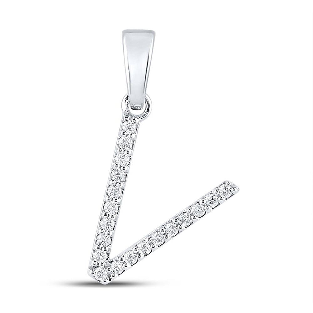 Diamond Initial & Letter Pendant | 10kt White Gold Womens Round Diamond V Initial Letter Pendant 1/8 Cttw | Splendid Jewellery GND