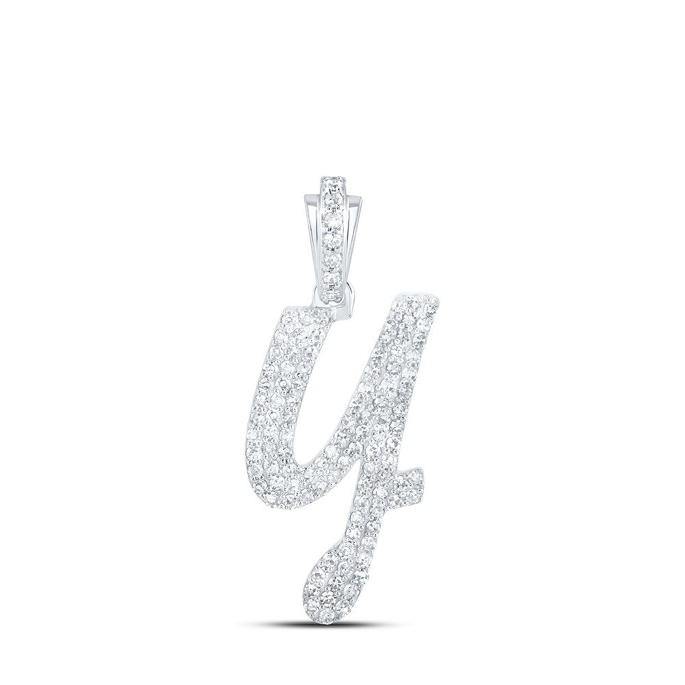 Diamond Initial & Letter Pendant | 10kt White Gold Womens Round Diamond Y Cursive Initial Letter Pendant 1/2 Cttw | Splendid Jewellery GND