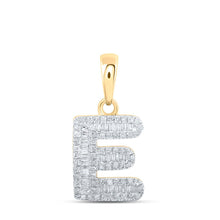 Load image into Gallery viewer, 10kt Yellow Gold Womens Baguette Diamond E Initial Letter Pendant - Personalized Sparkling Charm product  Top View from Splendid Jewellery