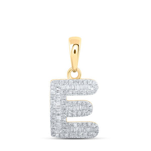 Diamond Initial & Letter Pendant | 10kt Yellow Gold Womens Baguette Diamond E Initial Letter Pendant 1/3 Cttw | Splendid Jewellery GND