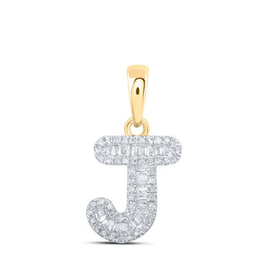 Diamond Initial & Letter Pendant | 10kt Yellow Gold Womens Baguette Diamond J Initial Letter Pendant 1/3 Cttw | Splendid Jewellery GND