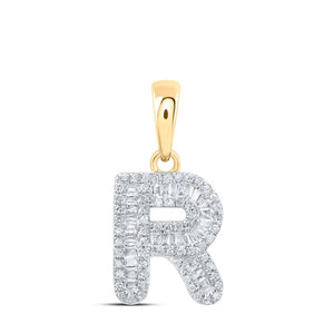 Diamond Initial & Letter Pendant | 10kt Yellow Gold Womens Baguette Diamond R Initial Letter Pendant 1/3 Cttw | Splendid Jewellery GND