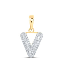 Load image into Gallery viewer, 10kt Yellow Gold Baguette Diamond V Initial Pendant - A Sparkling Symbol of Elegance and Personal Style product  Top View from Splendid Jewellery
