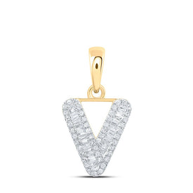 10kt Yellow Gold Baguette Diamond V Initial Pendant - A Sparkling Symbol of Elegance and Personal Style product  Top View from Splendid Jewellery