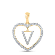 Load image into Gallery viewer, Radiant Love: 10kt Yellow Gold Diamond Heart V Initial Pendant product  Top View from Splendid Jewellery