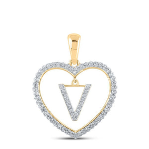 Diamond Initial & Letter Pendant | 10kt Yellow Gold Womens Round Diamond Heart V Letter Pendant 1/4 Cttw | Splendid Jewellery GND