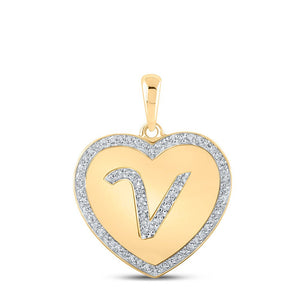 Diamond Initial & Letter Pendant | 10kt Yellow Gold Womens Round Diamond Heart V Letter Pendant 1/4 Cttw | Splendid Jewellery GND