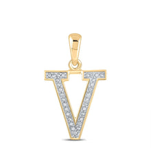 Load image into Gallery viewer, Radiant Initial Sparkle Pendant | 10kt Yellow Gold Womens Round Diamond Initial V Letter Pendant 1/20 Cttw | Splendid Jewellery product  Top View from Splendid Jewellery