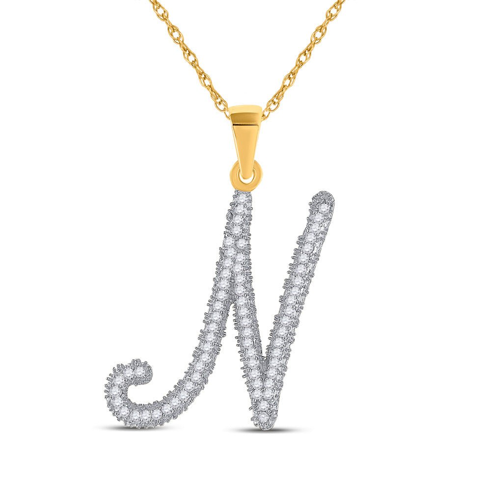 Diamond Initial & Letter Pendant | 10kt Yellow Gold Womens Round Diamond N Initial Letter Pendant 1/5 Cttw | Splendid Jewellery GND