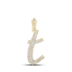 Diamond Initial & Letter Pendant | 10kt Yellow Gold Womens Round Diamond T Cursive Initial Letter Pendant 1/3 Cttw | Splendid Jewellery GND