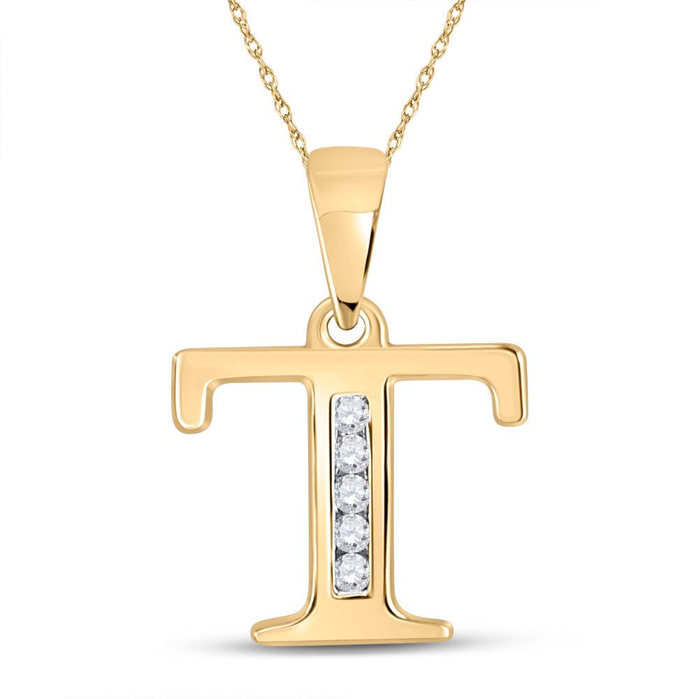 Diamond Initial & Letter Pendant | 10kt Yellow Gold Womens Round Diamond T Initial Letter Pendant 1/20 Cttw | Splendid Jewellery GND