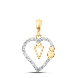 Diamond Initial & Letter Pendant | 10kt Yellow Gold Womens Round Diamond V Heart Letter Pendant 1/10 Cttw | Splendid Jewellery GND