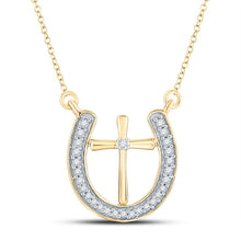 Load image into Gallery viewer, Captivating Elegance: 10kt White Gold Diamond Horseshoe Cross Pendant Necklace Top view from the 10Kt White Gold Womens Round Diamond Cross Horseshoe Necklace 1 6 Cttwpin221326 collection by Splendid Jewellery