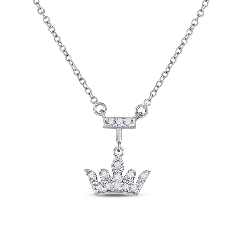 Diamond Pendant Necklace | 10kt White Gold Womens Round Diamond Crown Tiara Fashion Necklace 1/10 Cttw | Splendid Jewellery GND