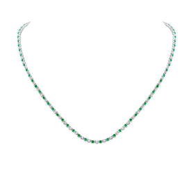 14kt White Gold Emerald and Diamond Tennis Necklace: A Mesmerizing Masterpiece of Elegance - Top View