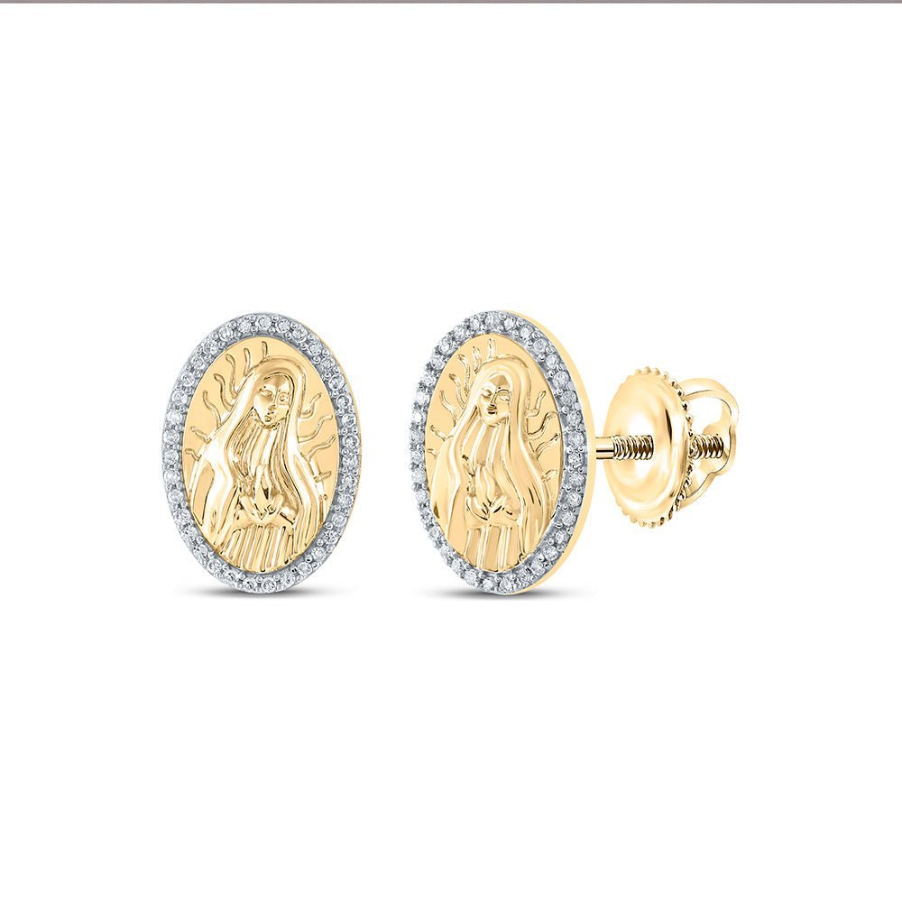 Divine Radiance: 10kt Yellow Gold Womens Round Diamond Gudalupe Mary Oval Earrings 1/5 Cttw - Splendid Jewellery