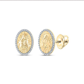 Divine Radiance: 10kt Yellow Gold Womens Round Diamond Gudalupe Mary Oval Earrings 1/5 Cttw - Splendid Jewellery