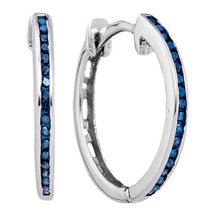 Earrings | 10k White Gold Blue Color Enhanced Round Diamond Womens Slender Hoop Earrings 1/10 Cttw | Splendid Jewellery GND