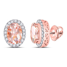 Load image into Gallery viewer, Rose Radiance: 10kt Rose Gold Oval Morganite Diamond Halo Earrings - Alternate view 1 from Splendid Jewellery