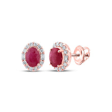 Load image into Gallery viewer, Exquisite Ruby Diamond Halo Earrings in 10kt Rose Gold - A Captivating Statement of Elegance and Luxury - Alternate view 1 from Splendid Jewellery