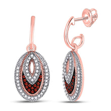 Load image into Gallery viewer, Captivating Crimson Elegance: 10kt Rose Gold Womens Round Red Color Enhanced Diamond Oval Dangle Earrings 1/3 Cttw  Top View from Splendid Jewellery