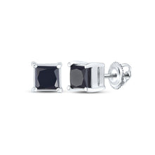 Load image into Gallery viewer, 2 Carat Princess-Cut Black Diamond Solitaire Earrings in 10kt White Gold Top view from the 10Kt White Gold Womens Princess Black Color Enhanced Diamond Solitaire Earrings 2 Cttwpin225093 collection by Splendid Jewellery