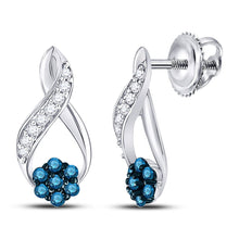 Load image into Gallery viewer, Splendid Jewellery&#39;s Mesmerizing Blue Diamond Cluster Earrings Top view from the 10Kt White Gold Womens Round Blue Color Enhanced Diamond Cluster Earrings 1 5 Cttwpin220194 collection by Splendid Jewellery