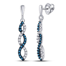Load image into Gallery viewer, Splendid Jewellery 10kt White Gold Womens Round Blue Diamond Dangle Earrings Top view from the 10Kt White Gold Womens Round Blue Color Enhanced Diamond Dangle Earrings 1 6 Cttwpin30959 collection by Splendid Jewellery