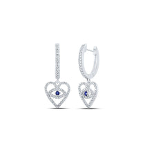 Load image into Gallery viewer, Enchanting Blue Sapphire Diamond Heart Dangle Earrings in 10kt White Gold Top view from the 10Kt White Gold Womens Round Blue Sapphire Diamond Heart Dangle Earrings 3 8 Cttwpin213145 collection by Splendid Jewellery