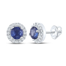 Load image into Gallery viewer, 10kt White Gold Sapphire Sparkle Halo Earrings Top view from the 10Kt White Gold Womens Round Blue Sapphire Halo Earrings 3 4 Cttwpin289533 collection by Splendid Jewellery