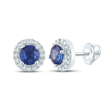 Load image into Gallery viewer, Radiant Blue Sapphire Halo Earrings in 10kt White Gold Top view from the 10Kt White Gold Womens Round Blue Sapphire Halo Earrings 5 8 Cttwpin289713 collection by Splendid Jewellery