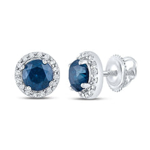 Load image into Gallery viewer, Splendid Jewellery 10kt White Gold Womens Round Blue Sapphire Halo Earrings Top view from the 10Kt White Gold Womens Round Blue Sapphire Halo Earrings 7 8 Cttwpin289536 collection by Splendid Jewellery